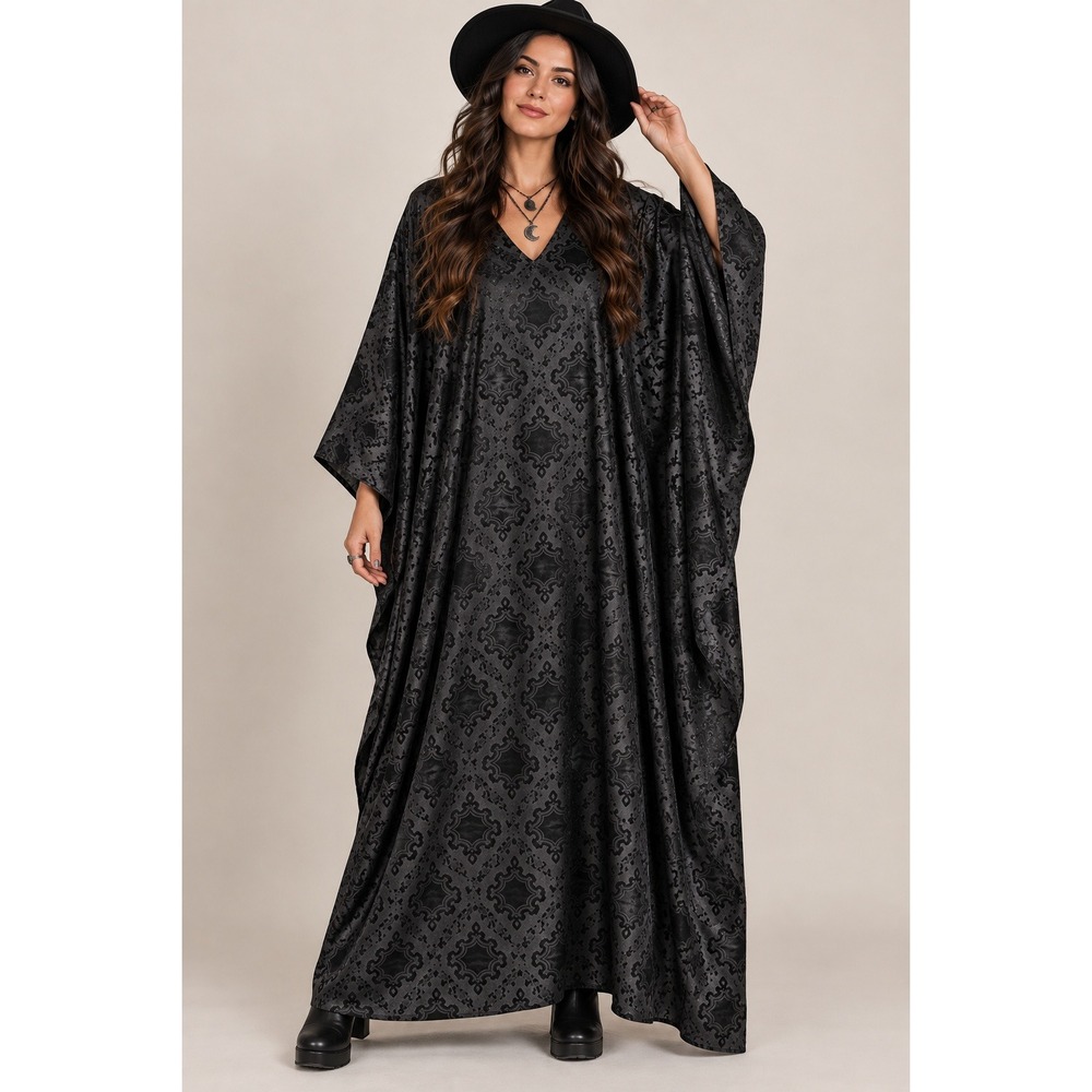 Winlar Whimsigoth Gothic Black Caftan Maxi Dress One Size Damask Witchy Batwing